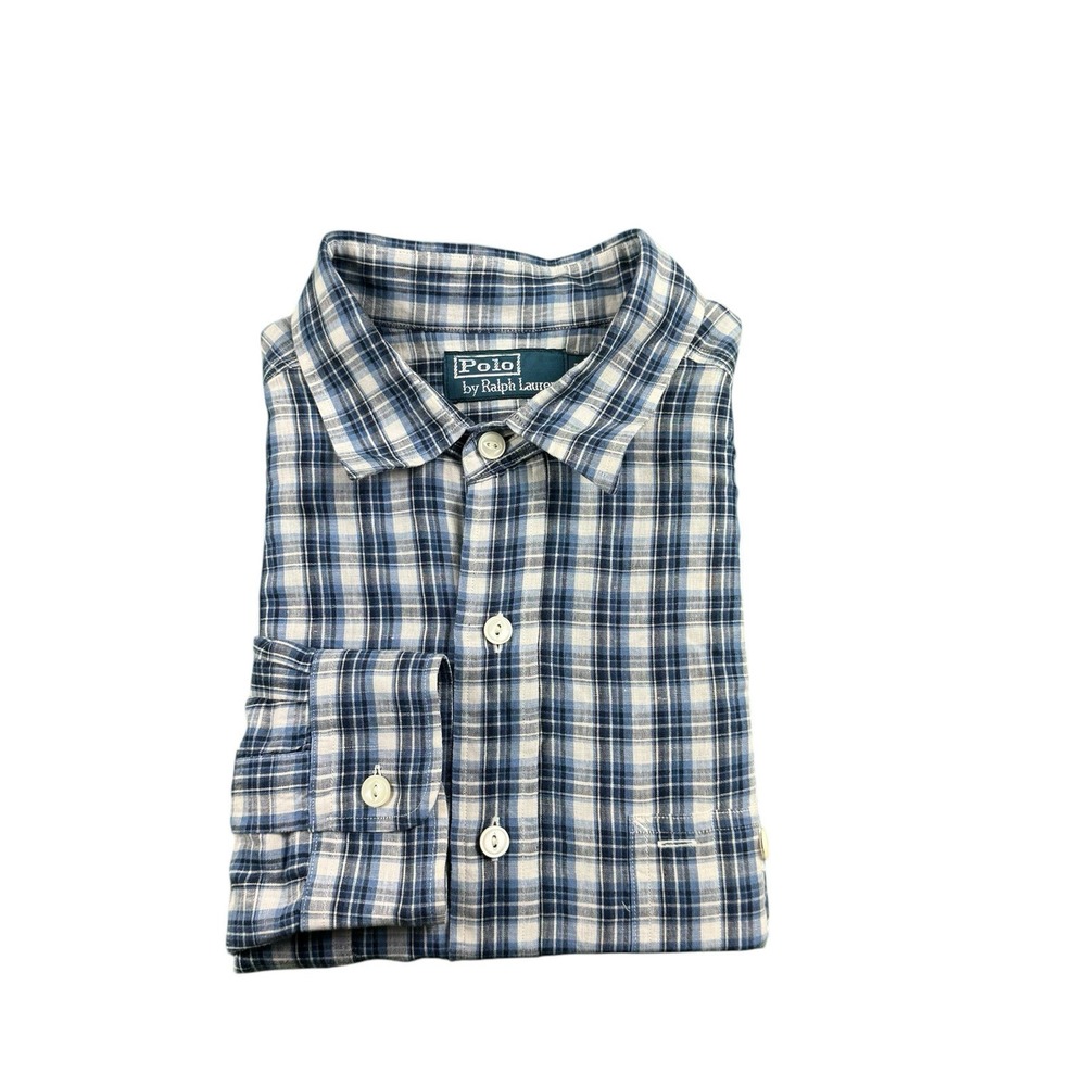 Polo Ralph Lauren Blue White Utility Linen Cotton Plaid LS Shirt Mens Large